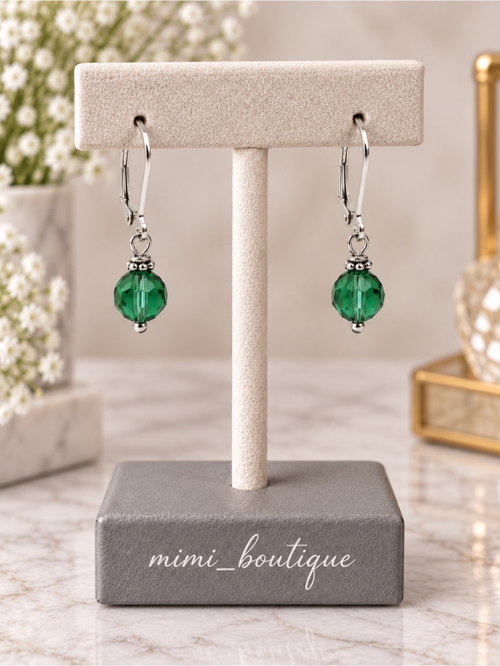 Handmade Swarovski Emerald Crystal Earrings Silver Tone